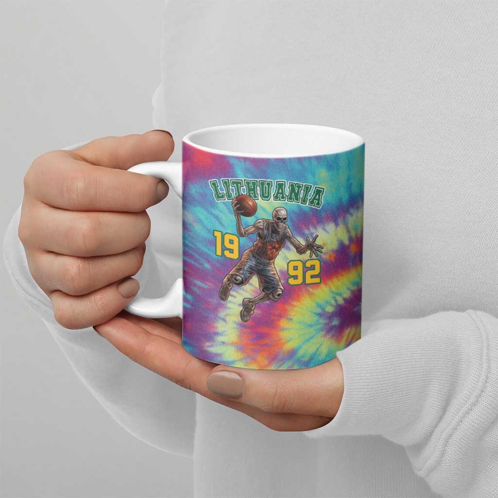 Custom Lithuania Basketball Skeleton 1992 Ceramic Mug Tie Dye Pattern - Wonder Print Shop