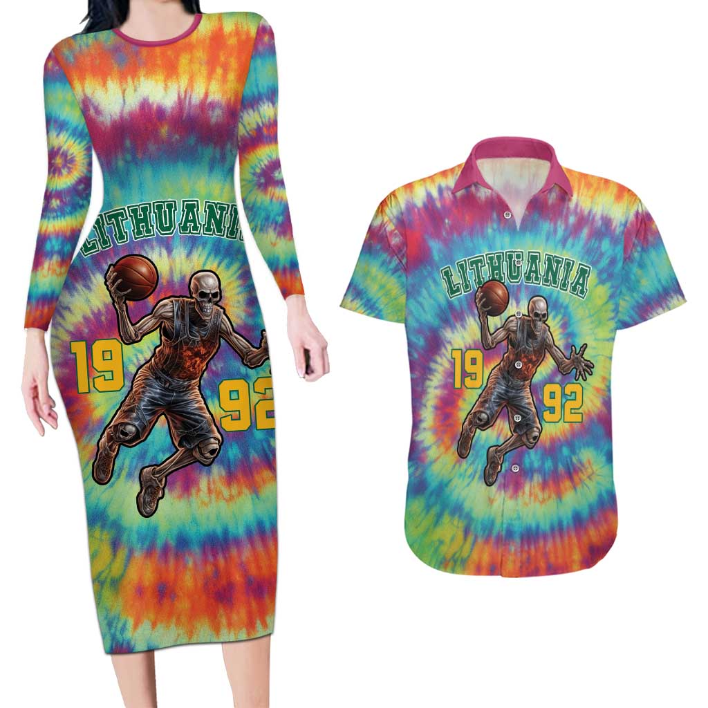 Custom Lithuania Basketball Skeleton 1992 Couples Matching Long Sleeve Bodycon Dress and Hawaiian Shirt Tie Dye Pattern - Wonder Print Shop