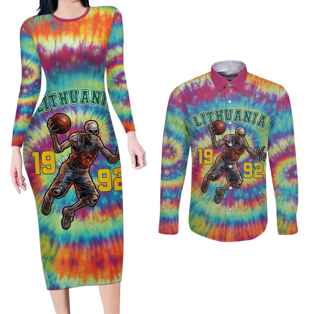 Custom Lithuania Basketball Skeleton 1992 Couples Matching Long Sleeve Bodycon Dress and Long Sleeve Button Shirt Tie Dye Pattern - Wonder Print Shop