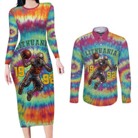 Custom Lithuania Basketball Skeleton 1992 Couples Matching Long Sleeve Bodycon Dress and Long Sleeve Button Shirt Tie Dye Pattern - Wonder Print Shop
