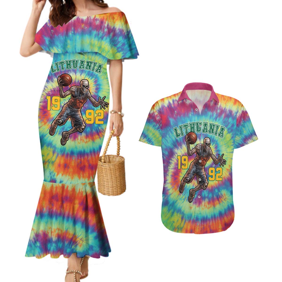 Custom Lithuania Basketball Skeleton 1992 Couples Matching Mermaid Dress and Hawaiian Shirt Tie Dye Pattern - Wonder Print Shop
