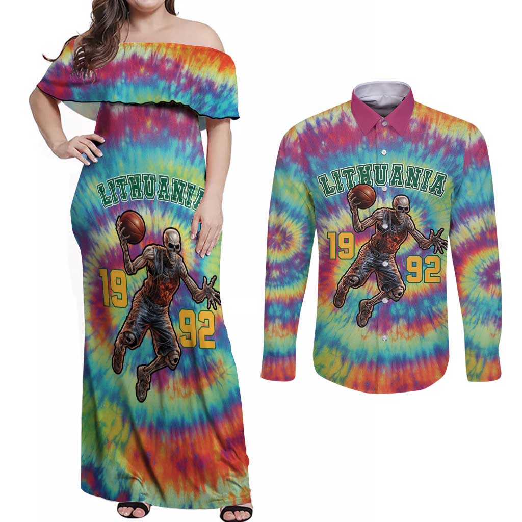 Custom Lithuania Basketball Skeleton 1992 Couples Matching Off Shoulder Maxi Dress and Long Sleeve Button Shirt Tie Dye Pattern - Wonder Print Shop