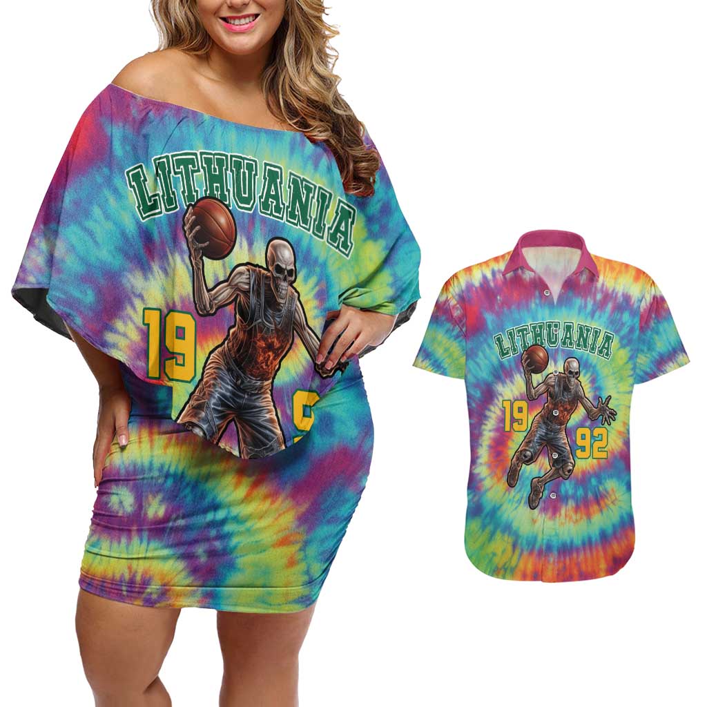 Custom Lithuania Basketball Skeleton 1992 Couples Matching Off Shoulder Short Dress and Hawaiian Shirt Tie Dye Pattern - Wonder Print Shop