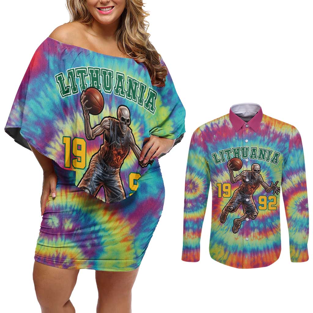 Custom Lithuania Basketball Skeleton 1992 Couples Matching Off Shoulder Short Dress and Long Sleeve Button Shirt Tie Dye Pattern - Wonder Print Shop