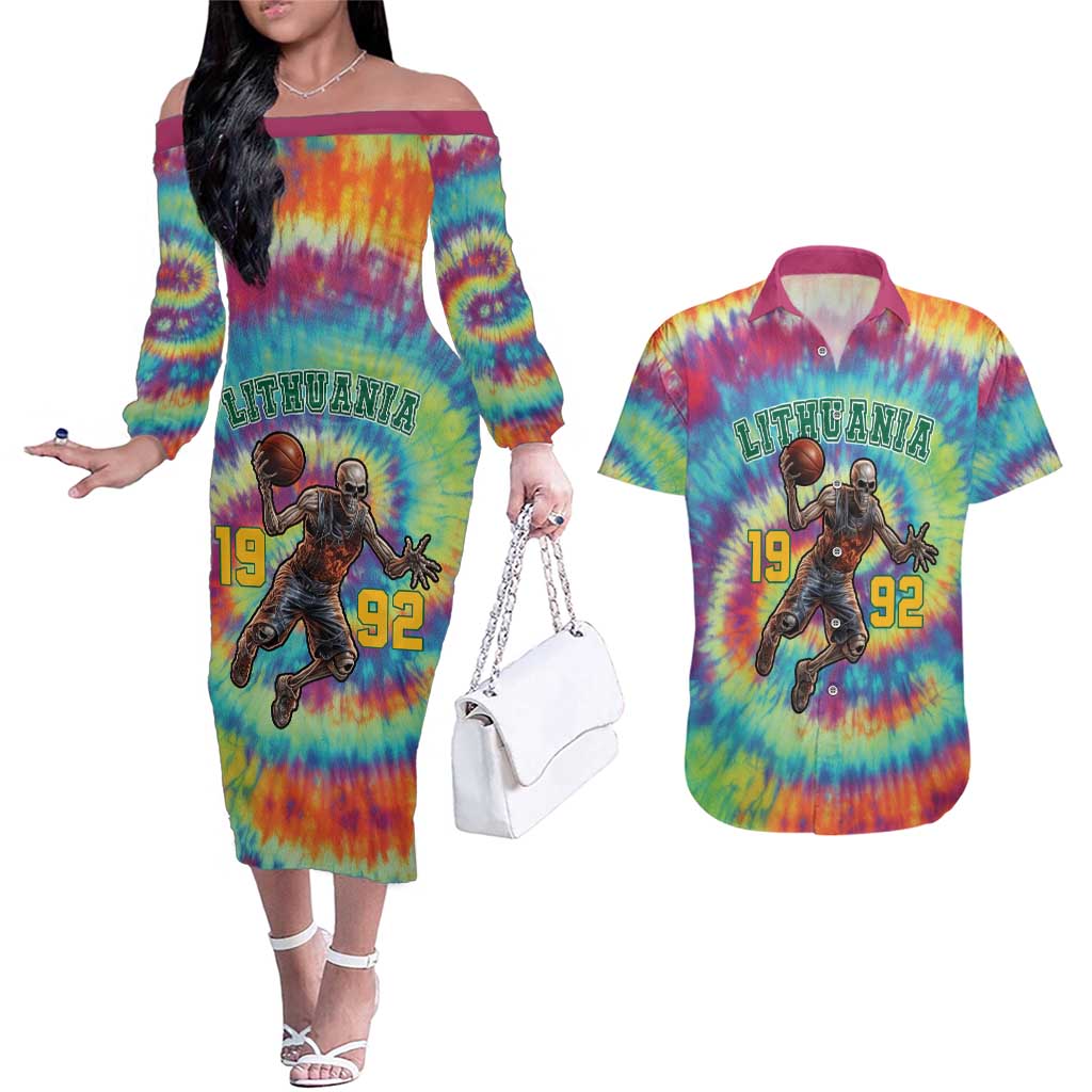 Custom Lithuania Basketball Skeleton 1992 Couples Matching Off The Shoulder Long Sleeve Dress and Hawaiian Shirt Tie Dye Pattern - Wonder Print Shop