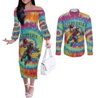 Custom Lithuania Basketball Skeleton 1992 Couples Matching Off The Shoulder Long Sleeve Dress and Long Sleeve Button Shirt Tie Dye Pattern - Wonder Print Shop