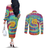 Custom Lithuania Basketball Skeleton 1992 Couples Matching Off The Shoulder Long Sleeve Dress and Long Sleeve Button Shirt Tie Dye Pattern - Wonder Print Shop