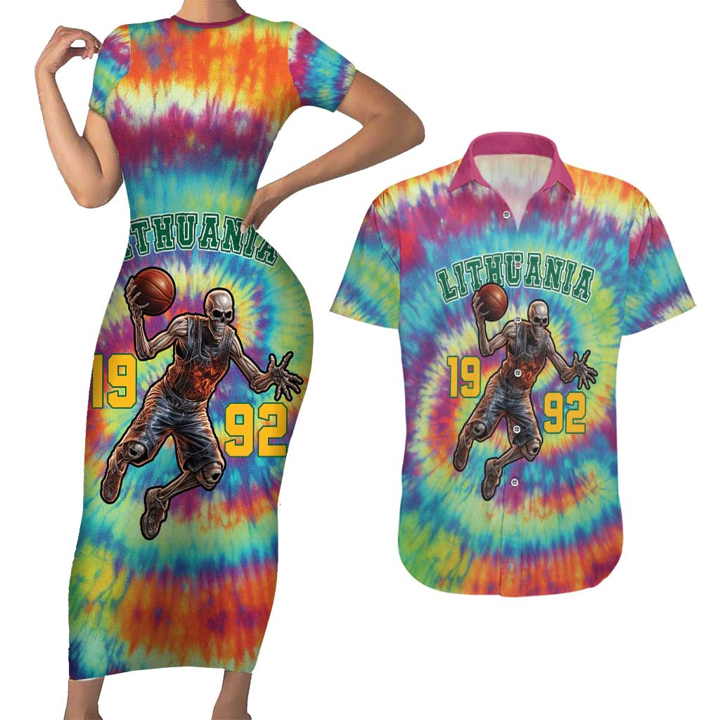 Custom Lithuania Basketball Skeleton 1992 Couples Matching Short Sleeve Bodycon Dress and Hawaiian Shirt Tie Dye Pattern - Wonder Print Shop