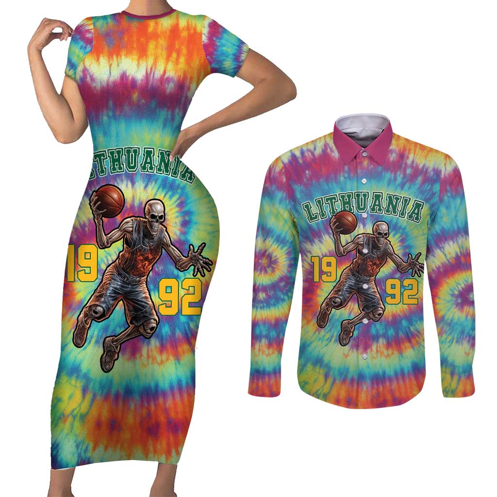 Custom Lithuania Basketball Skeleton 1992 Couples Matching Short Sleeve Bodycon Dress and Long Sleeve Button Shirt Tie Dye Pattern - Wonder Print Shop