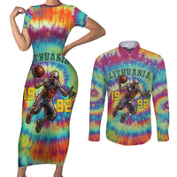 Custom Lithuania Basketball Skeleton 1992 Couples Matching Short Sleeve Bodycon Dress and Long Sleeve Button Shirt Tie Dye Pattern - Wonder Print Shop