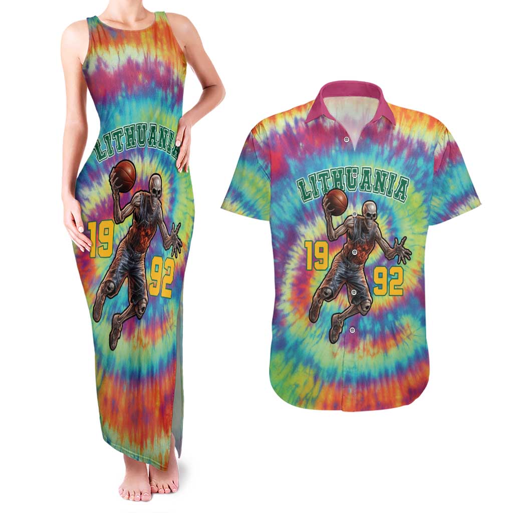 Custom Lithuania Basketball Skeleton 1992 Couples Matching Tank Maxi Dress and Hawaiian Shirt Tie Dye Pattern - Wonder Print Shop