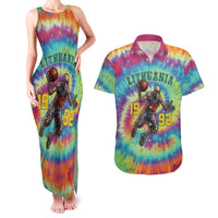 Custom Lithuania Basketball Skeleton 1992 Couples Matching Tank Maxi Dress and Hawaiian Shirt Tie Dye Pattern - Wonder Print Shop