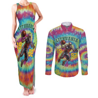 Custom Lithuania Basketball Skeleton 1992 Couples Matching Tank Maxi Dress and Long Sleeve Button Shirt Tie Dye Pattern - Wonder Print Shop