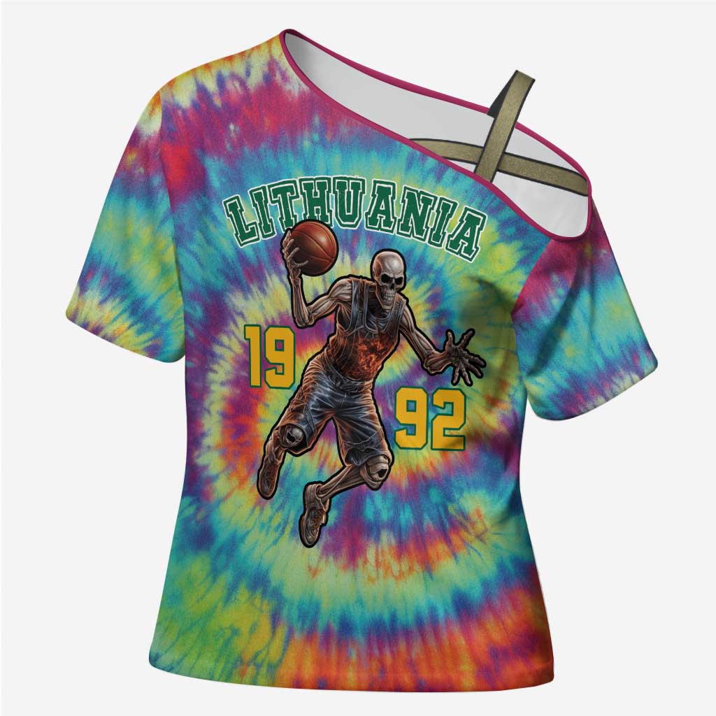 Custom Lithuania Basketball Skeleton 1992 Cross Shoulder Shirt Tie Dye Pattern - Wonder Print Shop
