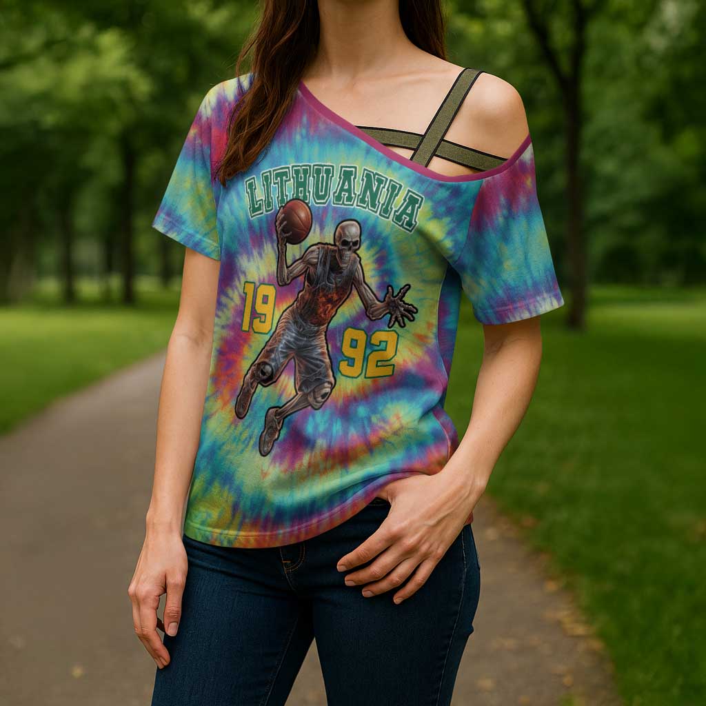 Custom Lithuania Basketball Skeleton 1992 Cross Shoulder Shirt Tie Dye Pattern - Wonder Print Shop