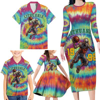 Custom Lithuania Basketball Skeleton 1992 Family Matching Long Sleeve Bodycon Dress and Hawaiian Shirt Tie Dye Pattern - Wonder Print Shop