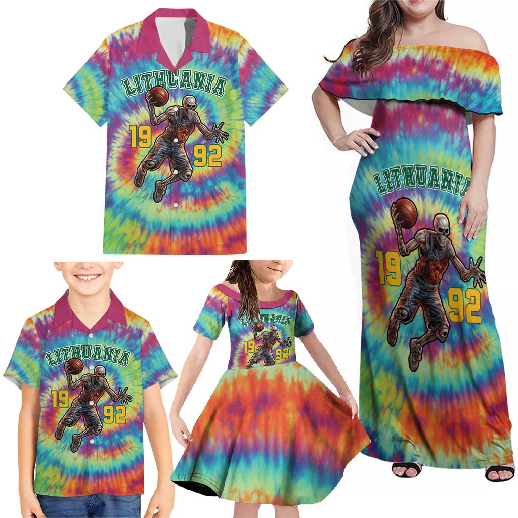 Custom Lithuania Basketball Skeleton 1992 Family Matching Off Shoulder Maxi Dress and Hawaiian Shirt Tie Dye Pattern - Wonder Print Shop