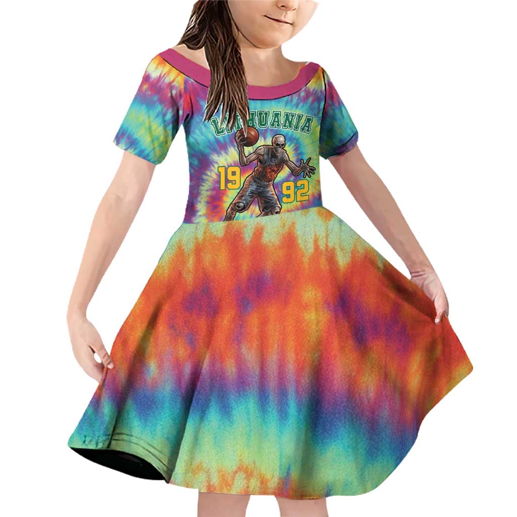 Custom Lithuania Basketball Skeleton 1992 Family Matching Off Shoulder Short Dress and Hawaiian Shirt Tie Dye Pattern - Wonder Print Shop