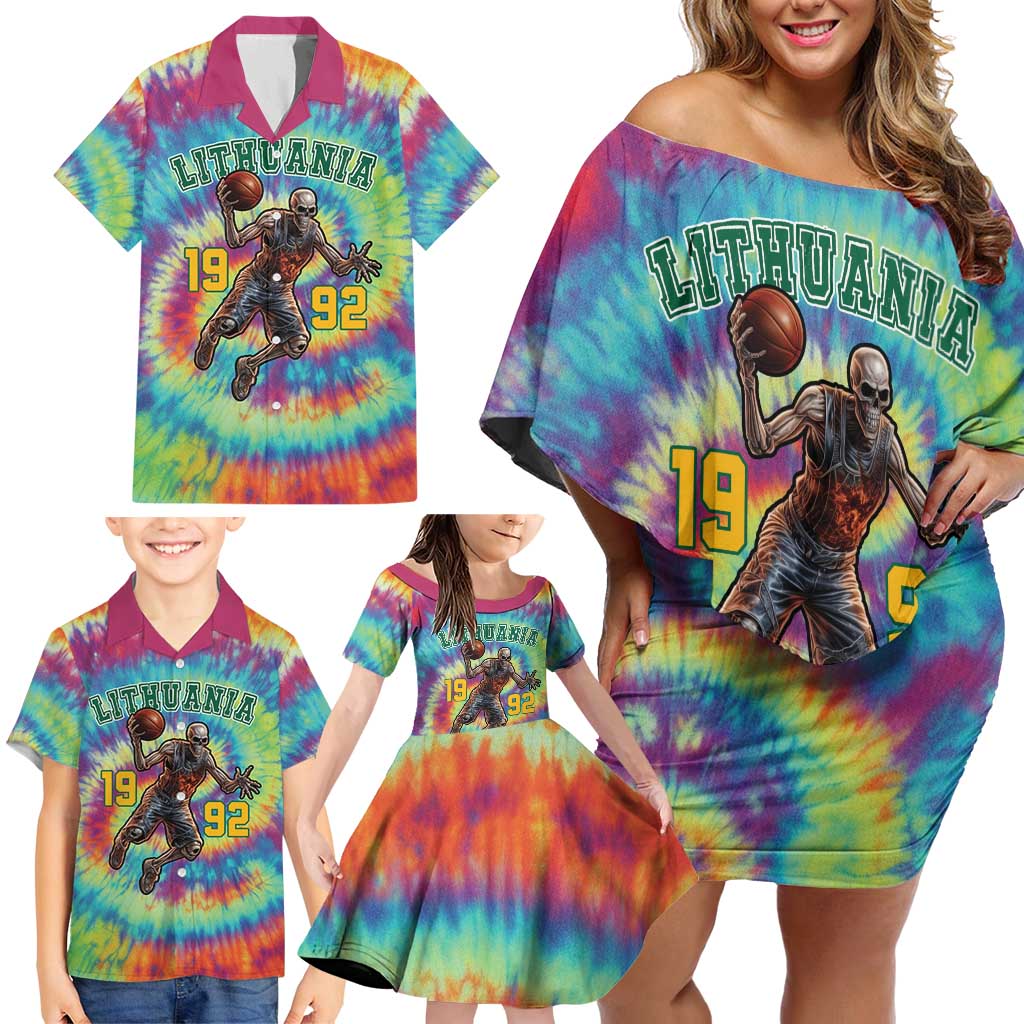 Custom Lithuania Basketball Skeleton 1992 Family Matching Off Shoulder Short Dress and Hawaiian Shirt Tie Dye Pattern - Wonder Print Shop