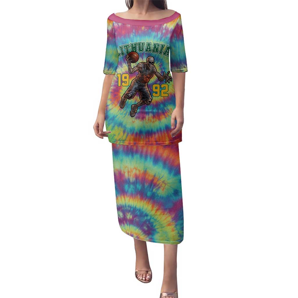 Custom Lithuania Basketball Skeleton 1992 Family Matching Puletasi and Hawaiian Shirt Tie Dye Pattern - Wonder Print Shop