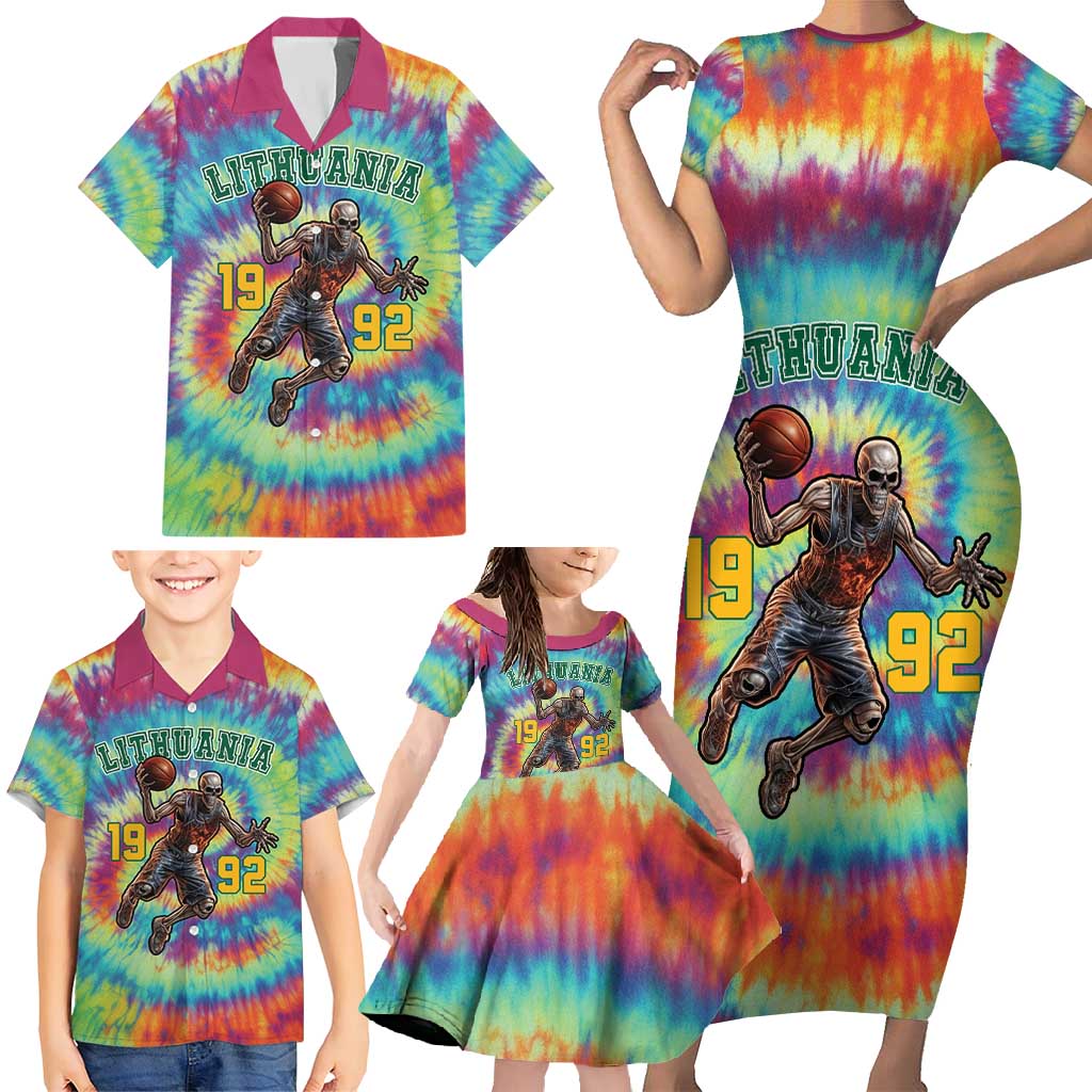 Custom Lithuania Basketball Skeleton 1992 Family Matching Short Sleeve Bodycon Dress and Hawaiian Shirt Tie Dye Pattern - Wonder Print Shop