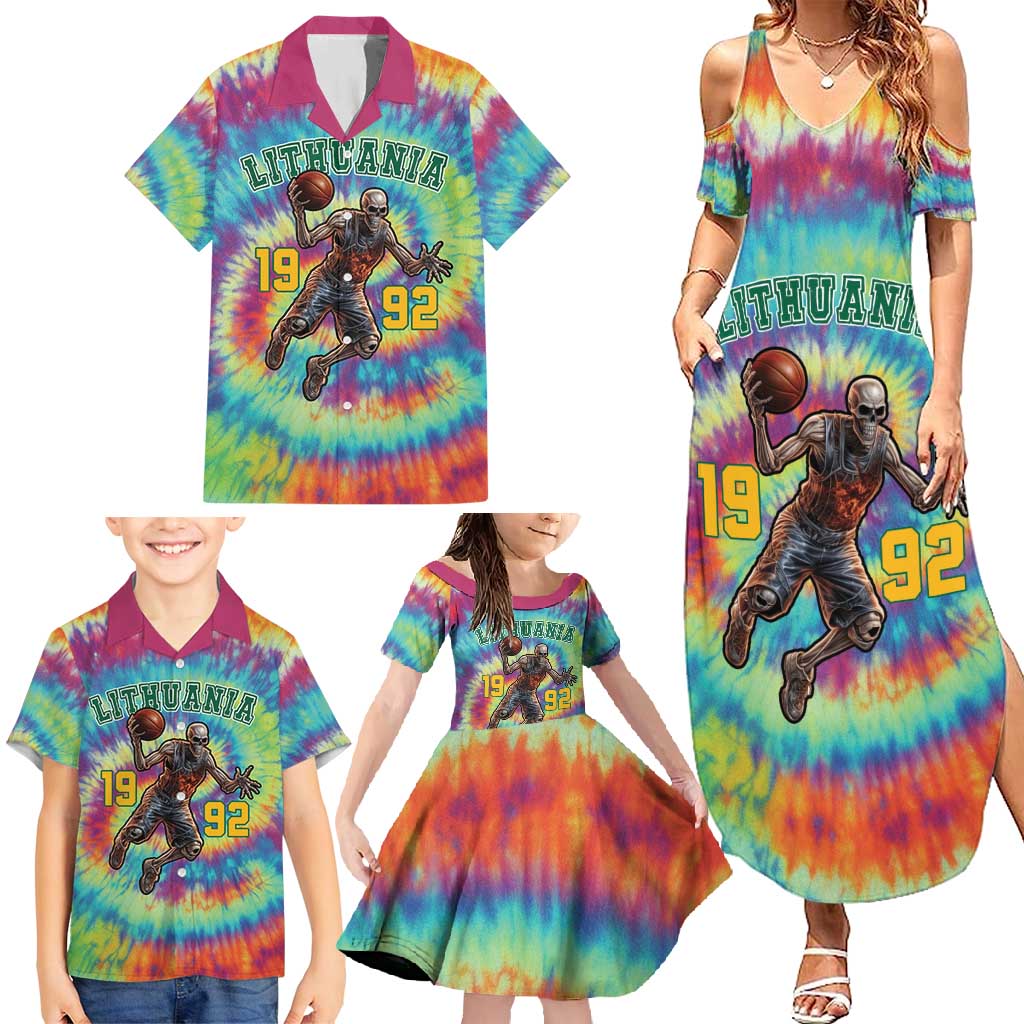 Custom Lithuania Basketball Skeleton 1992 Family Matching Summer Maxi Dress and Hawaiian Shirt Tie Dye Pattern - Wonder Print Shop