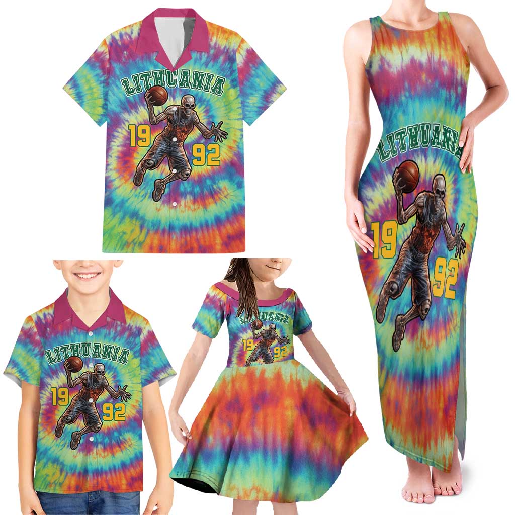 Custom Lithuania Basketball Skeleton 1992 Family Matching Tank Maxi Dress and Hawaiian Shirt Tie Dye Pattern - Wonder Print Shop