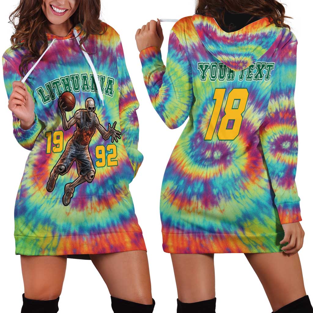 Custom Lithuania Basketball Skeleton 1992 Hoodie Dress Tie Dye Pattern - Wonder Print Shop