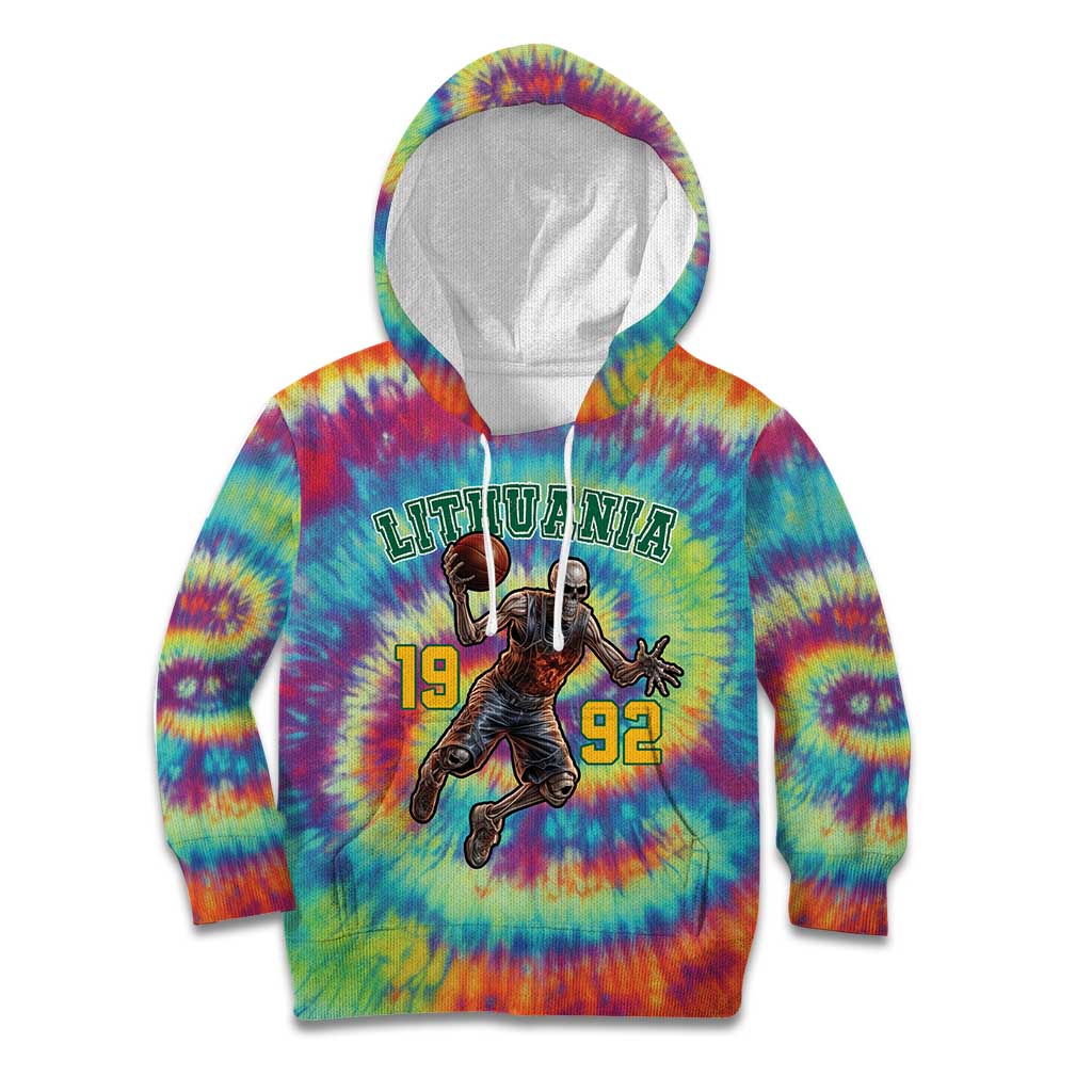 Custom Lithuania Basketball Skeleton 1992 Kid Hoodie Tie Dye Pattern - Wonder Print Shop