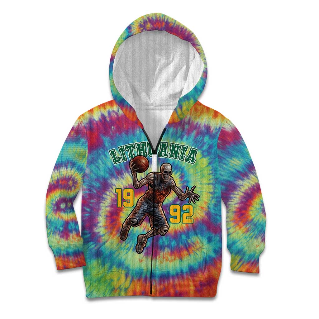 Custom Lithuania Basketball Skeleton 1992 Kid Hoodie Tie Dye Pattern - Wonder Print Shop