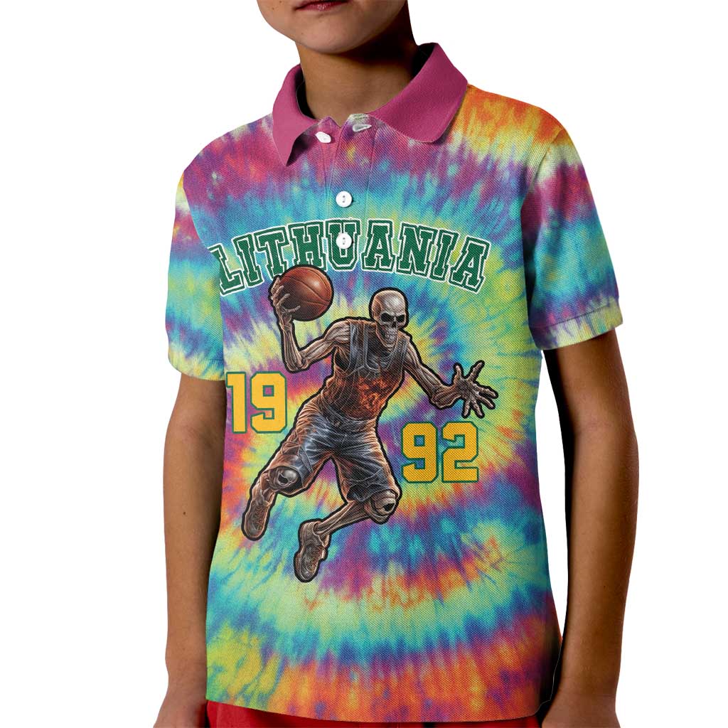 Custom Lithuania Basketball Skeleton 1992 Kid Polo Shirt Tie Dye Pattern - Wonder Print Shop