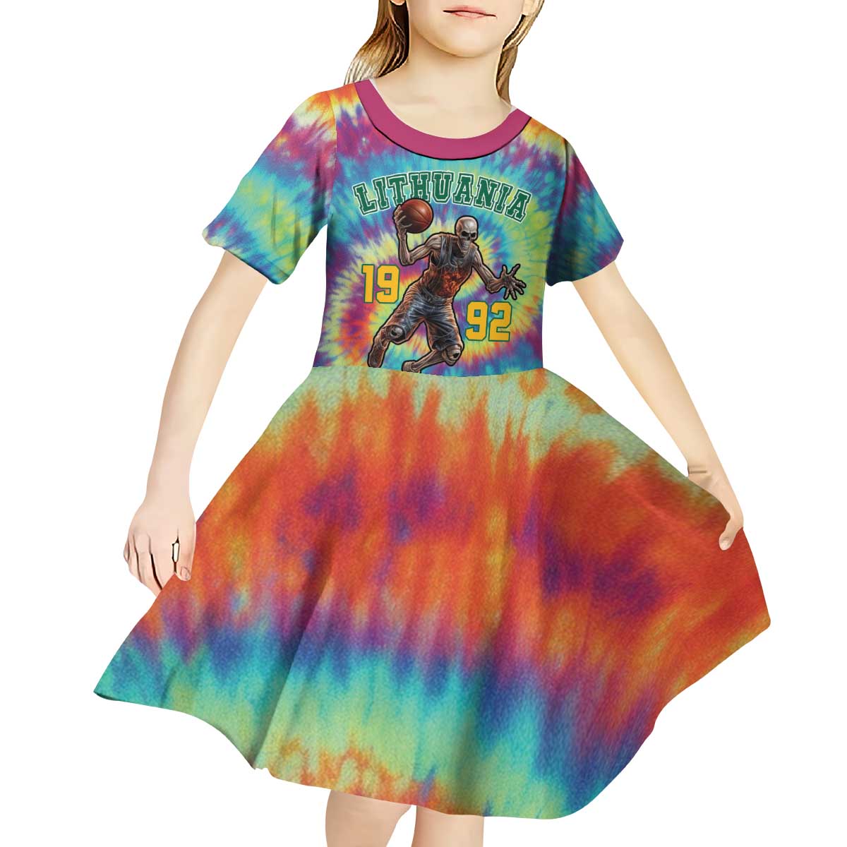 Custom Lithuania Basketball Skeleton 1992 Kid Short Sleeve Dress Tie Dye Pattern - Wonder Print Shop