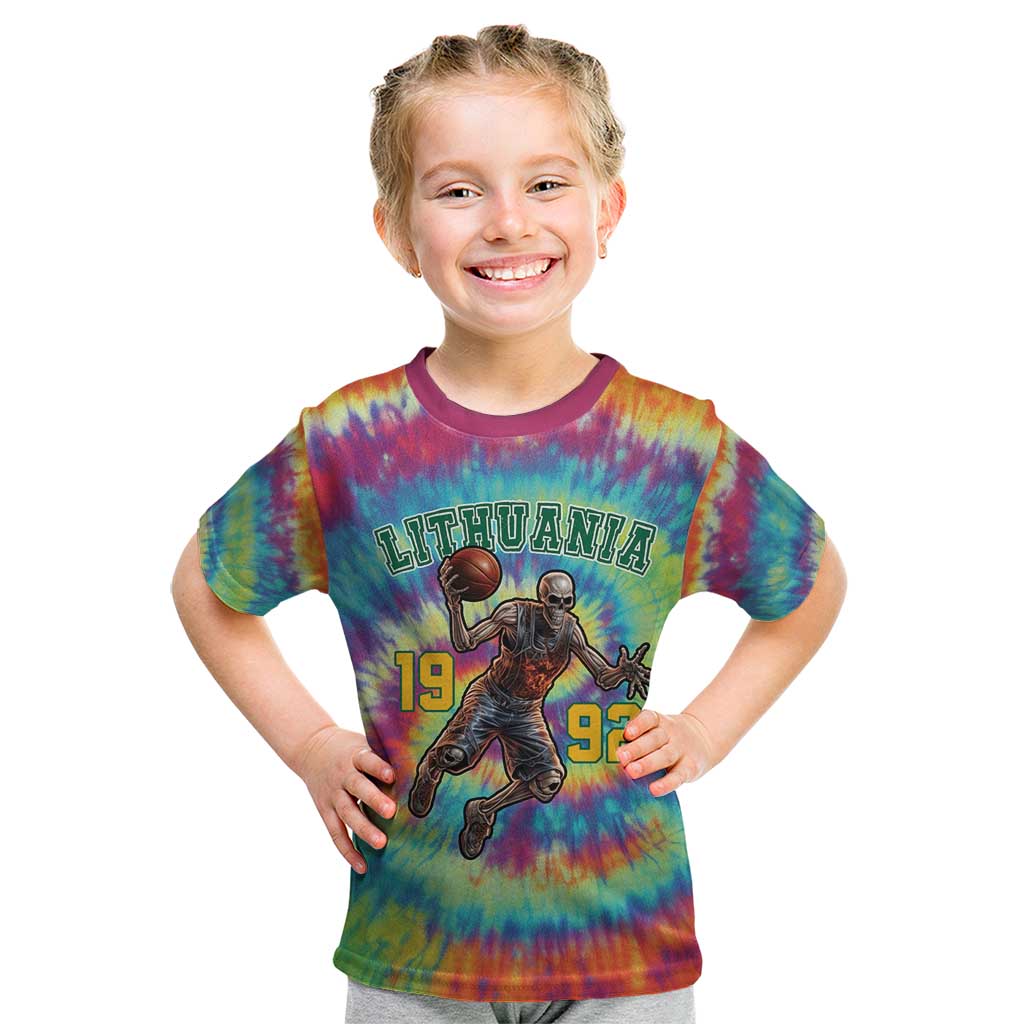 Custom Lithuania Basketball Skeleton 1992 Kid T Shirt Tie Dye Pattern - Wonder Print Shop