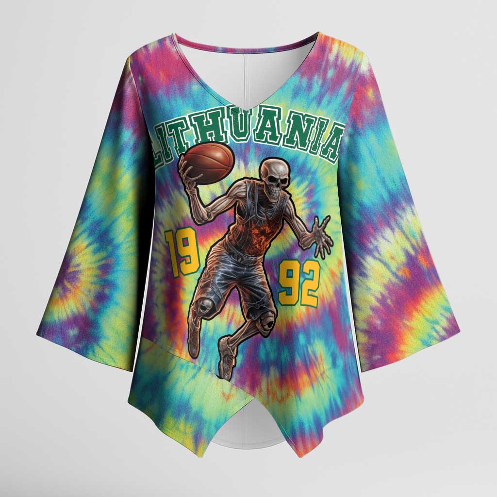 Custom Lithuania Basketball Skeleton 1992 Kimono Sleeve Blouse Tie Dye Pattern - Wonder Print Shop