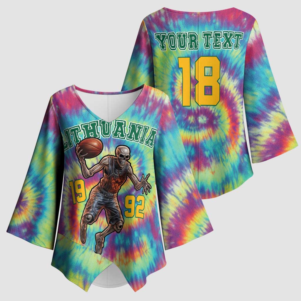 Custom Lithuania Basketball Skeleton 1992 Kimono Sleeve Blouse Tie Dye Pattern - Wonder Print Shop