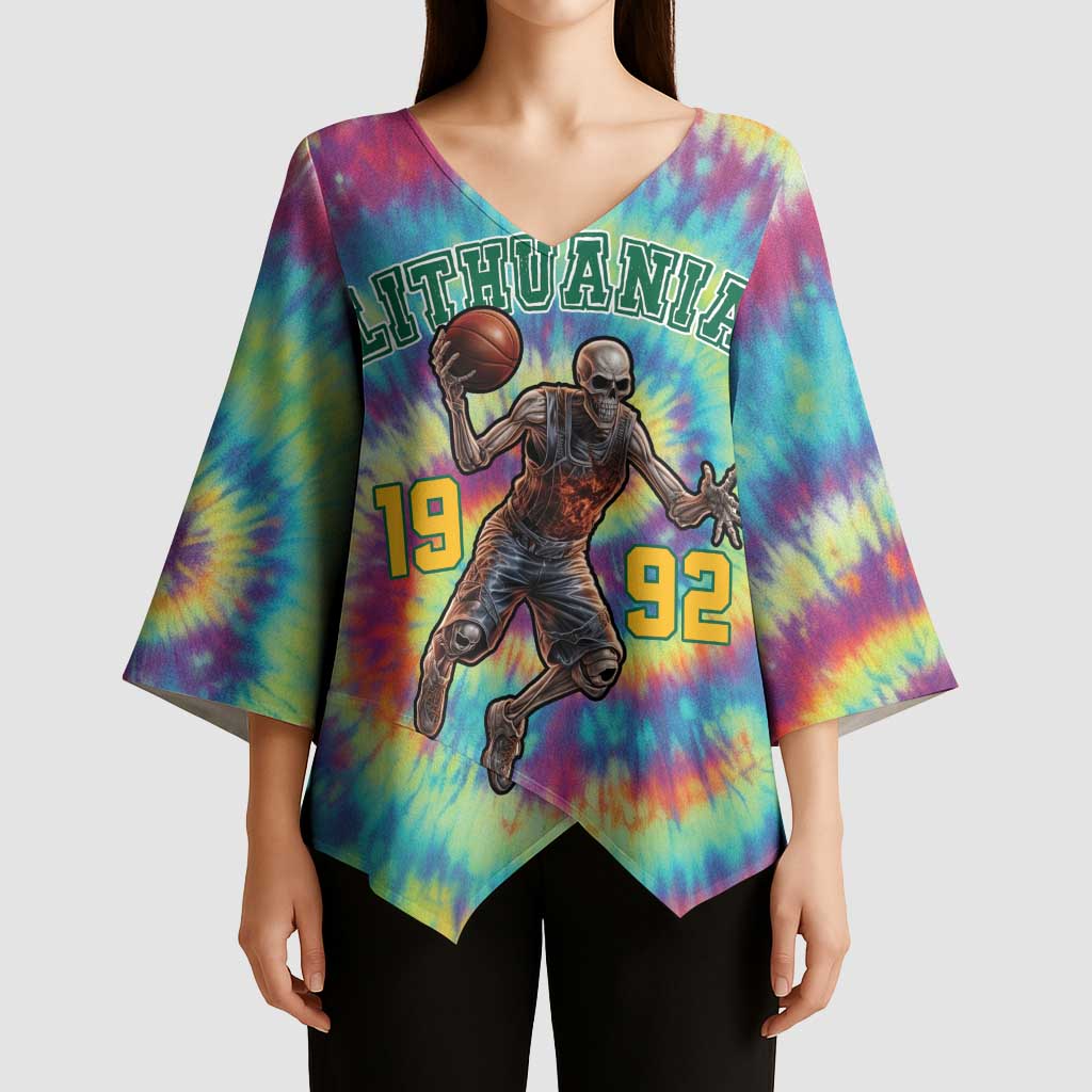 Custom Lithuania Basketball Skeleton 1992 Kimono Sleeve Blouse Tie Dye Pattern - Wonder Print Shop