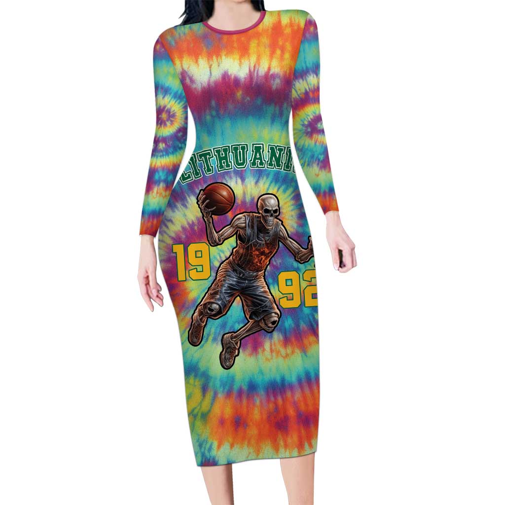 Custom Lithuania Basketball Skeleton 1992 Long Sleeve Bodycon Dress Tie Dye Pattern - Wonder Print Shop