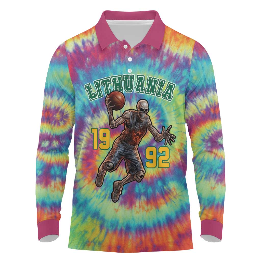 Custom Lithuania Basketball Skeleton 1992 Long Sleeve Polo Shirt Tie Dye Pattern - Wonder Print Shop