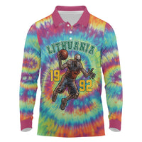 Custom Lithuania Basketball Skeleton 1992 Long Sleeve Polo Shirt Tie Dye Pattern - Wonder Print Shop