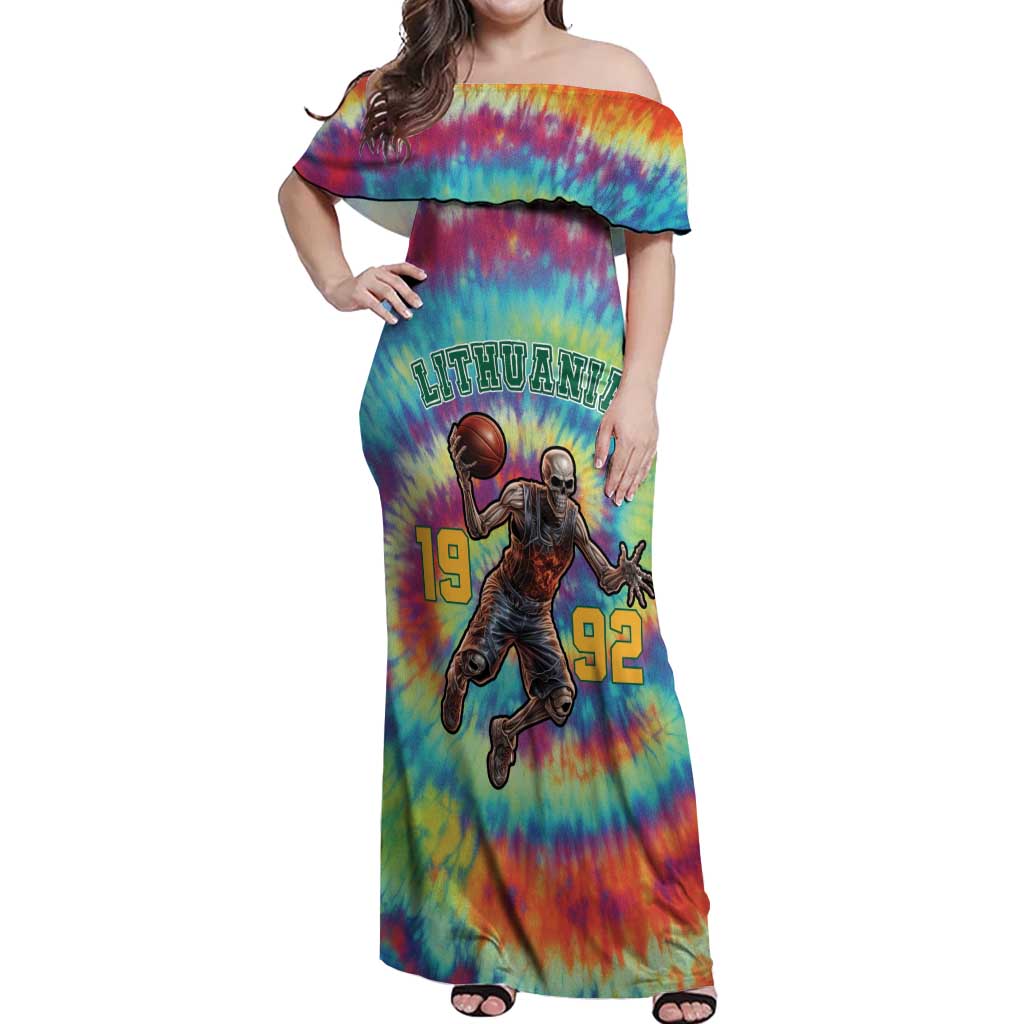 Custom Lithuania Basketball Skeleton 1992 Off Shoulder Maxi Dress Tie Dye Pattern - Wonder Print Shop