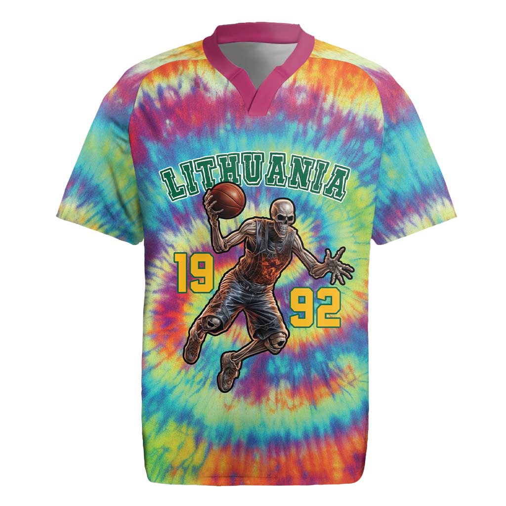 Custom Lithuania Basketball Skeleton 1992 Rugby Jersey Tie Dye Pattern - Wonder Print Shop