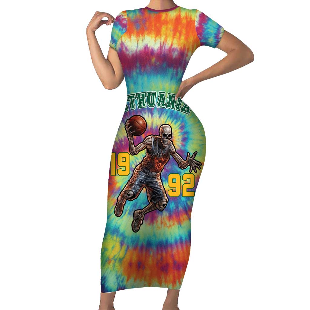 Custom Lithuania Basketball Skeleton 1992 Short Sleeve Bodycon Dress Tie Dye Pattern - Wonder Print Shop