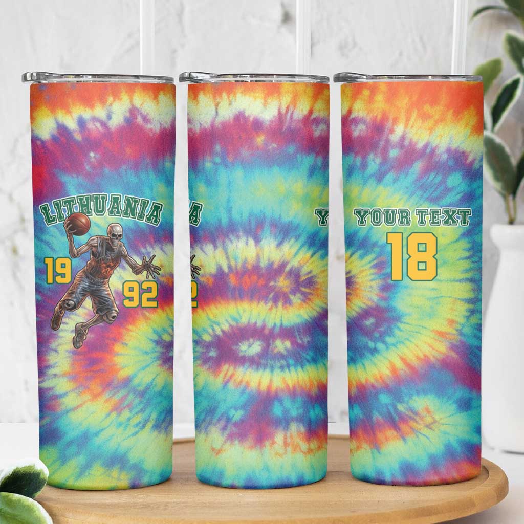 Custom Lithuania Basketball Skeleton 1992 Skinny Tumbler Tie Dye Pattern - Wonder Print Shop