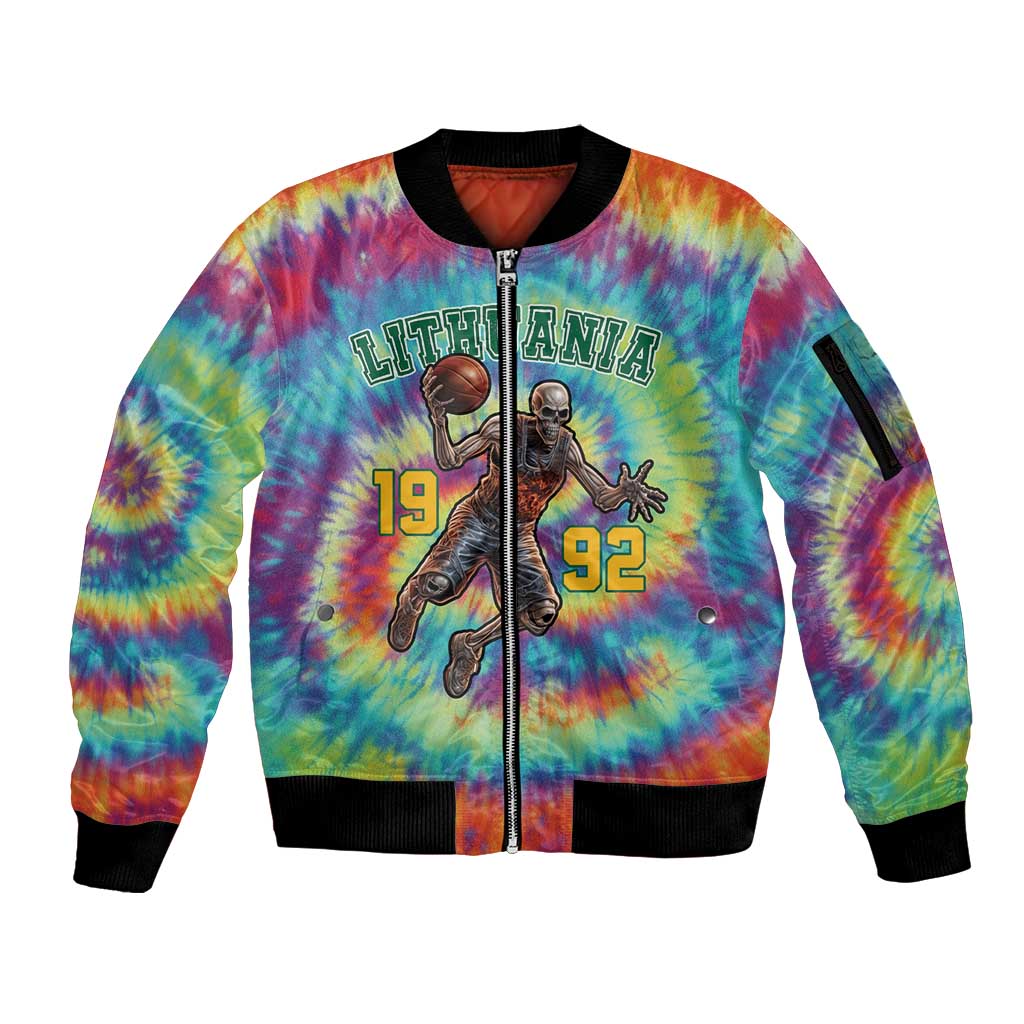 Custom Lithuania Basketball Skeleton 1992 Sleeve Zip Bomber Jacket Tie Dye Pattern - Wonder Print Shop