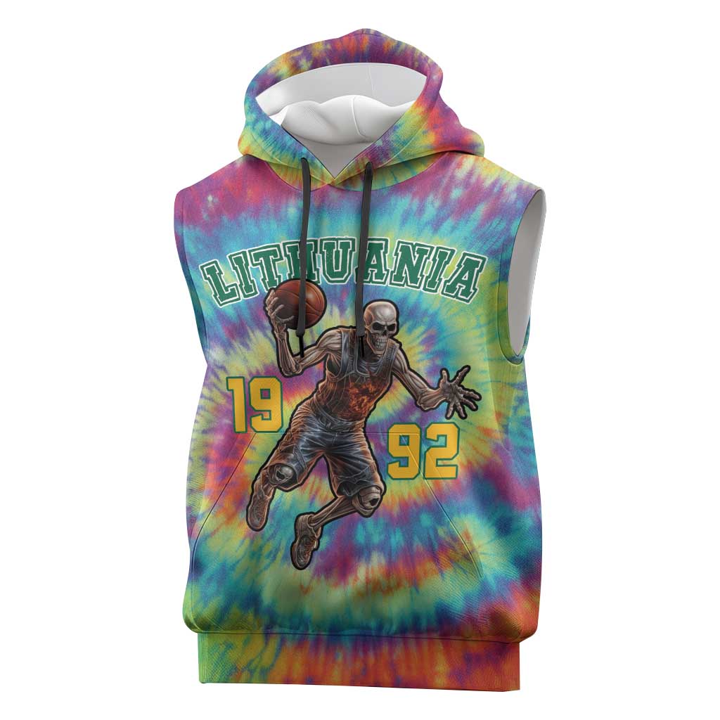 Custom Lithuania Basketball Skeleton 1992 Sleeveless Hoodie Tie Dye Pattern - Wonder Print Shop