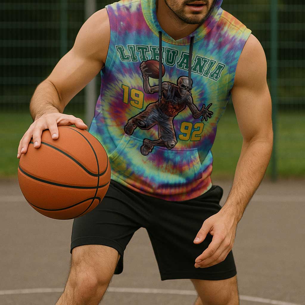 Custom Lithuania Basketball Skeleton 1992 Sleeveless Hoodie Tie Dye Pattern - Wonder Print Shop