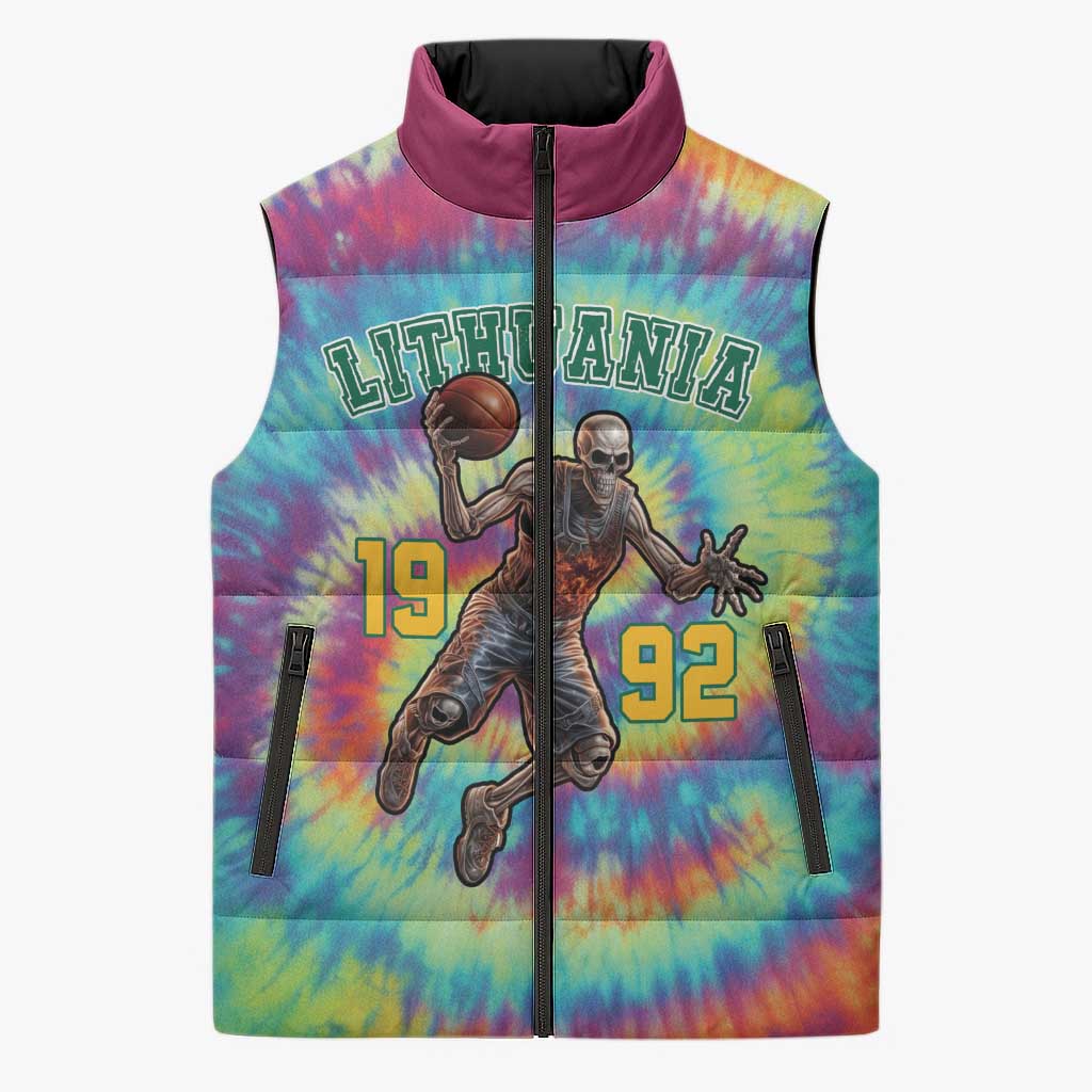 Custom Lithuania Basketball Skeleton 1992 Sleeveless Puffer Jacket Tie Dye Pattern - Wonder Print Shop