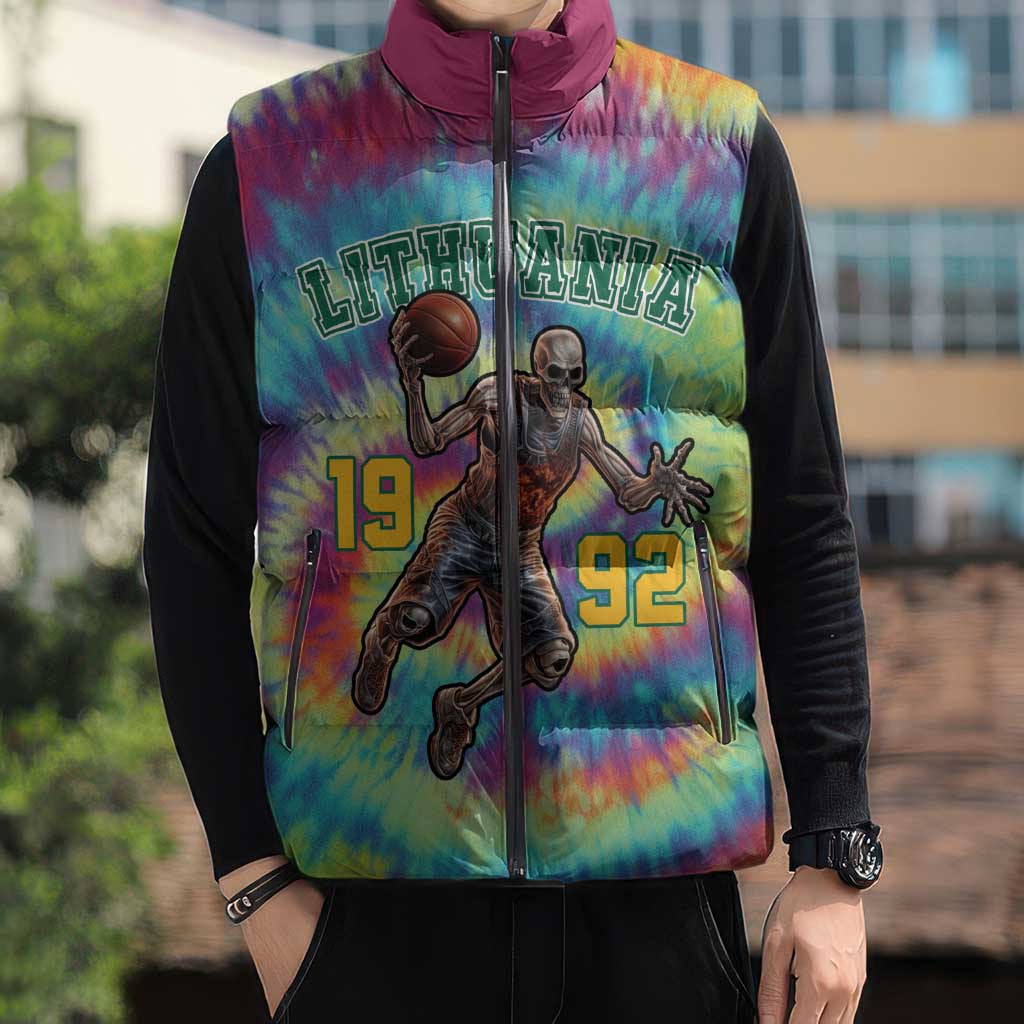 Custom Lithuania Basketball Skeleton 1992 Sleeveless Puffer Jacket Tie Dye Pattern - Wonder Print Shop