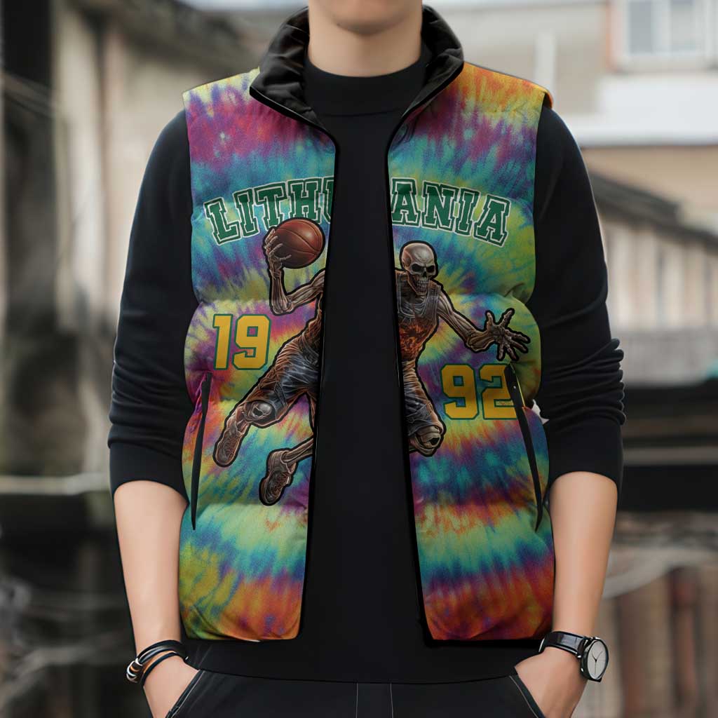Custom Lithuania Basketball Skeleton 1992 Sleeveless Puffer Jacket Tie Dye Pattern - Wonder Print Shop