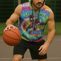 Custom Lithuania Basketball Skeleton 1992 Sleeveless Zip Hoodie Tie Dye Pattern - Wonder Print Shop
